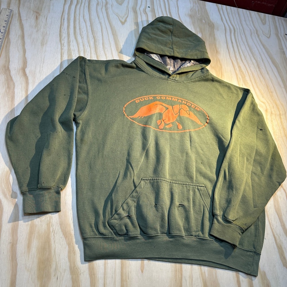 Duck Commander Mens XL Olive Green Distressed Camo Lined Hunting Pullover Hoodie